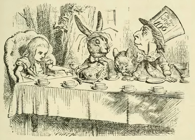 Original John Tenniel drawing of Alice at the Mad Hatter’s tea party