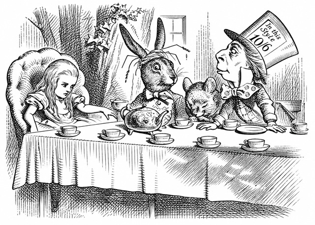 AI-assisted reconstruction of the tea-party drawing after John Tenniel
